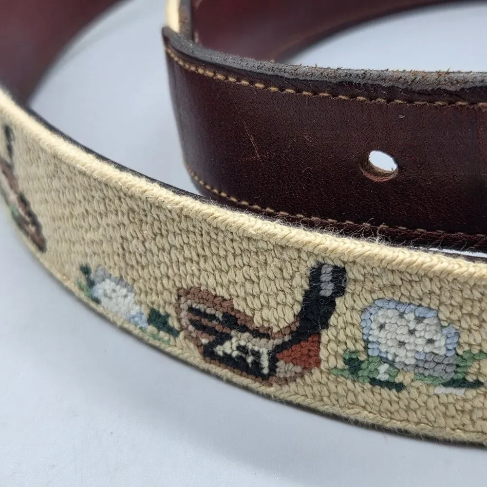 Needlepoint Belt Golf Mens Canvas Leather brass round buckle sz 44